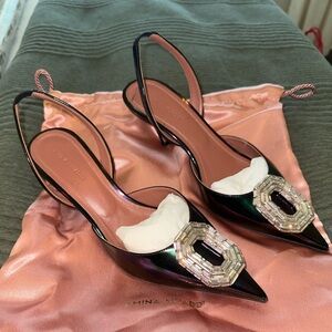 Amina Muaddi Iridescent Slingback Heels with Embellishment